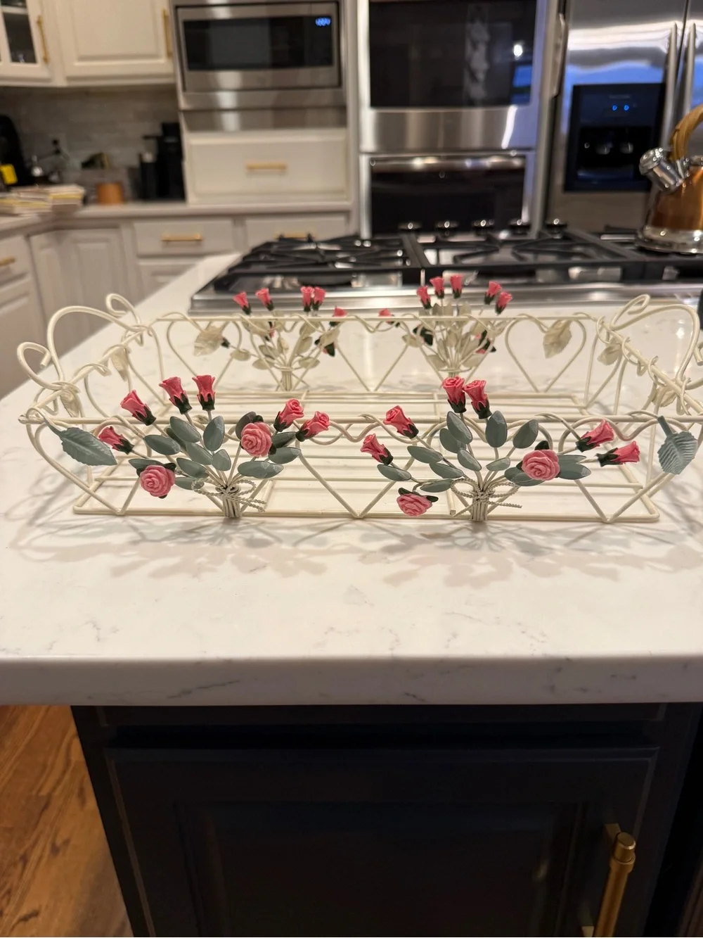 Vintage Cottage Cream Metal Wire Rose Tray Shabby Chic Pink Floral Vanity Basket